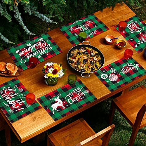 Karácsonyi Placemats, Készlet 6 Táblázat Szőnyeg Étkező Asztal, 12 × 18 Cm Piros, Zöld, Ellenőrizze, Vászon