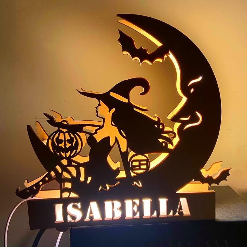 RUCOI Halloween Dekoratív, Könnyű Fából készült Dísz Hold Boszorkány LED Üreges Dekoratív Fényt(Boszorkány