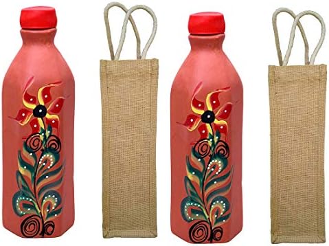 Odishabazaar Pack 2 Kézzel Festett Agyag Terrakotta/Igazi Mitti Mázatlan Víz Üveg + Juta Zsák 1000ml Egészségügyi